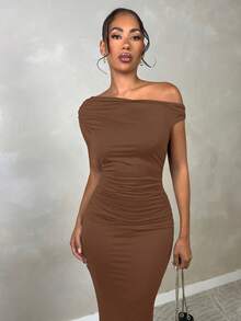 SHEIN BAE 优雅女士不对称下摆连衣裙，适合日常穿着、约会、外出、派对、夜店、万圣节等场合。 - 棕色 - 查看 4