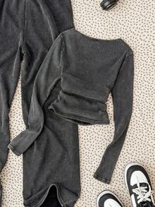 SHEIN 少女黑色雪花刺绣罗纹针织高领长袖T恤，适合秋冬季叠穿