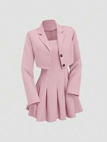 Sweetra Women's Retro British Style Halter Pleated Dress And Jacket Casual Suit, Slimming, Suitable For Early Autumn - Pink - View 8