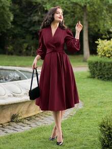 Vintamour 复古优雅女士连衣裙，带口袋和扭结细节，长袖，休闲通勤，适合度假、冬季穿着，也可作为女士冬季连衣裙、圣诞服装、圣诞套装、新年服装、感恩节套装、优雅连衣裙等。 - 酒紅色 - 查看 2