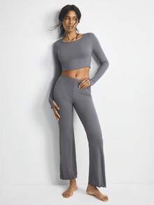 Ocili Women's Solid Color Long Sleeve Round Neck Fitted Crop Top & Pants Casual Lounge Set, Winter Clothes - Grey - View 2