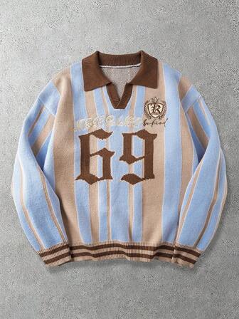 Prep Maglione casual oversize da uomo con ricamo a lettere e righe in jacquard