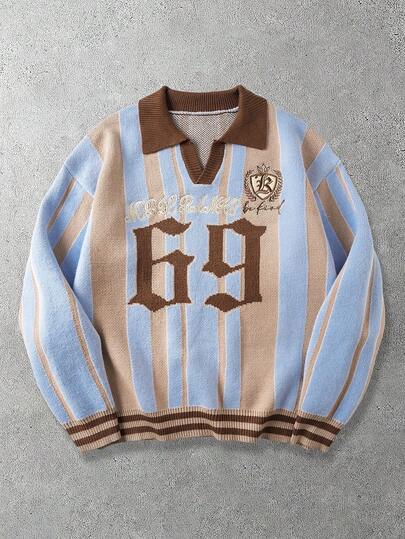 Prep Men's Jacquard Letter Embroidery Striped Loose Casual Sweater