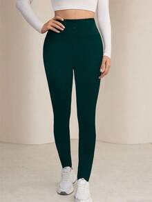 Modelyn Quần legging cạp cao màu trơn thoải mái thường ngày dành cho nữ - Màu xanh lá cây đậm - Xem 4