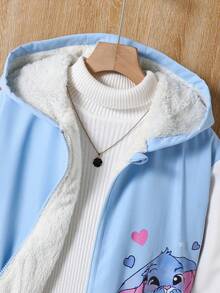 SHEIN Girls' Solid Color Zip-Up Jacket With Thermal Lining, Comfortable & Versatile Autumn/Winter Outerwear - Blue - View 7
