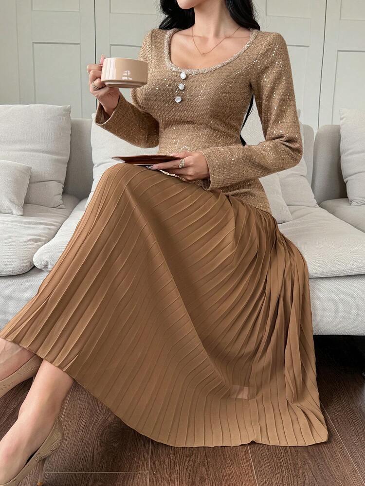Women's Elegant Contrast Color Patchwork Pleated Faux Pocket Midi Dress, Autumn