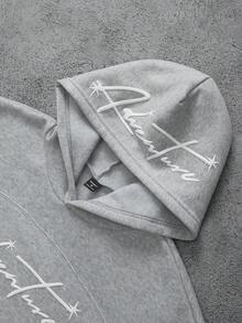 男士字母印花长袖休闲口袋连帽卫衣，PAVTROS，Y2k，狂欢节，街头服饰，复古，度假，我爱我的男朋友，情人节，结构拼接连帽泡沫印花复古字母连帽衫 - 淺灰色 - 查看 5