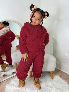 SHEIN 两件套女童抓绒套头衫+宽松长裤，秋冬季休闲日常穿着 - 酒紅色 - 查看 4