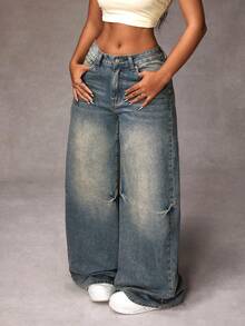 Jeanoix Plus Size Women Pockets Button Casual Versatile Commuter Wide Leg Jeans Y2k Women Jeans Wide Leg Baggy Jeans Women Jeans Baggy Baggy Jeans Y2k - Blue - View 4