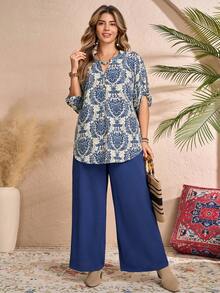 EMERY ROSE Plus Size Women's Floral Print Long Sleeve Shirt And Linen Color Pants 2-Piece Set, Casual Country Style For Vacation, Autumn Winter Clothes For Women Country Style For Women Country Concert Outfit - Multicolor - View 3