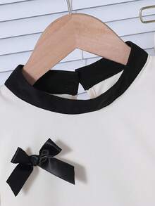 Genkimix Kids 女童撞色滚边圆领泡泡袖上衣配蝴蝶结装饰和松紧腰裤套装