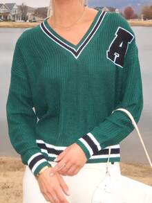 Sydney Algeri Pullover mit Buchstaben-Flicken und Streifenbesatz, Langarm-Oberteil - Dunkelgrün - Übersicht 5