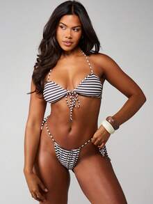 MISSGUIDED 横条纹三角比基尼套装，挂脖系带设计，适合海滩夏季度假 - 彩色 - 查看 1