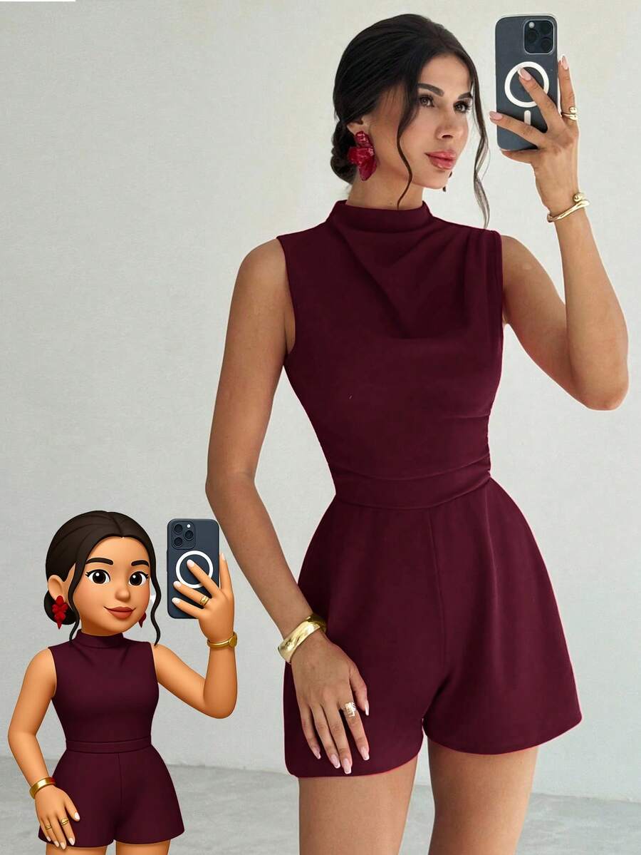 Firerie Women's Elegant Minimalist Delicate Romantic Sweet Daily Commute Wedding Party Music Festival Vacation Pleated A-Line Mini Dress Romper, Red - Maroon - View 1
