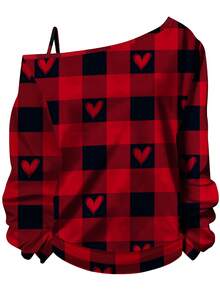 EMERY ROSE Áo thun một vai họa tiết kẻ caro hình trái tim đỏ tối giản, cỡ lớn, phù hợp cho ngày lễ - Nhiều màu - Xem 2