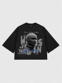 ROMWE MEN Camiseta casual de cuello redondo de manga 3/4 con estampado de eslogan facial para hombres - Negro - Ver 1