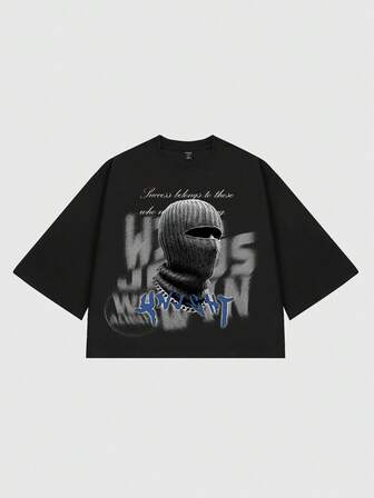 Maglietta casual da uomo a maniche 3/4 con scollo rotondo e stampa di slogan e volto di strada