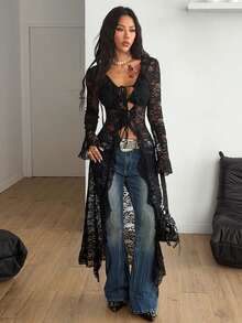 Coolane Women's Fall/All-Season Rave Renaissance Fair Hippie Music Festival Gyaru Lace Straps Ruffle Ribbon Long Coat /Cover Up