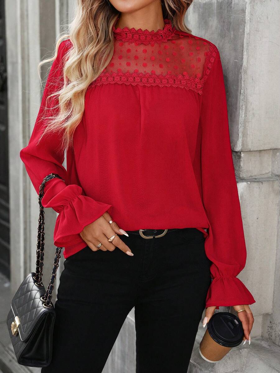 SHEIN LUNE 女士休闲波点蕾丝拼接长袖衬衫，百搭日常穿着，春夏红色上衣，情人节外出必备。 - 紅色 - 查看 1