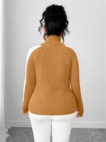 Elenzga Plus Size Slim Fit Color Block Turtleneck Long Sleeve Sweater - Camel - View 2