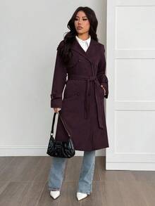 SHEIN PETITE 女款純色腰帶長袖風衣，春夏/夏日保暖長外套，適合小碼女性 - 紫色 - 查看 6