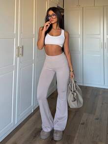 Ronhire 极简主义通勤与家居服杏色高腰紧身喇叭女式针织裤 - 卡其色 - 查看 1