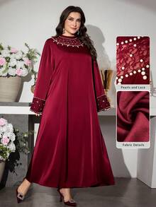 Al Najma Elegant Stand Collar Lace Patchwork Flare Sleeve Dress, Burgundy Kaftan Jalabiya Dress - Burgundy - View 4
