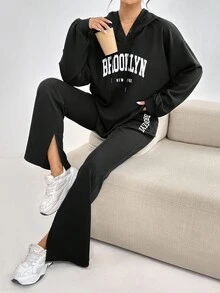 Veilorie 女士休闲字母印花抽绳连帽卫衣和裤子两件套，秋季两件套 - 黑色 - 查看 8