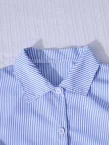 SHEIN 女童卡通人物字母印花长袖立领衬衫，适合外出、上学和通勤。 - 藍色 - 查看 6