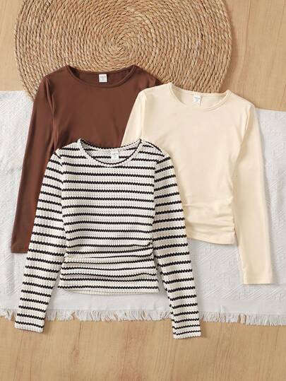 LMoss Kids 3pcs/Set Tween Girls' Solid Color Crew Neck Casual T-Shirts