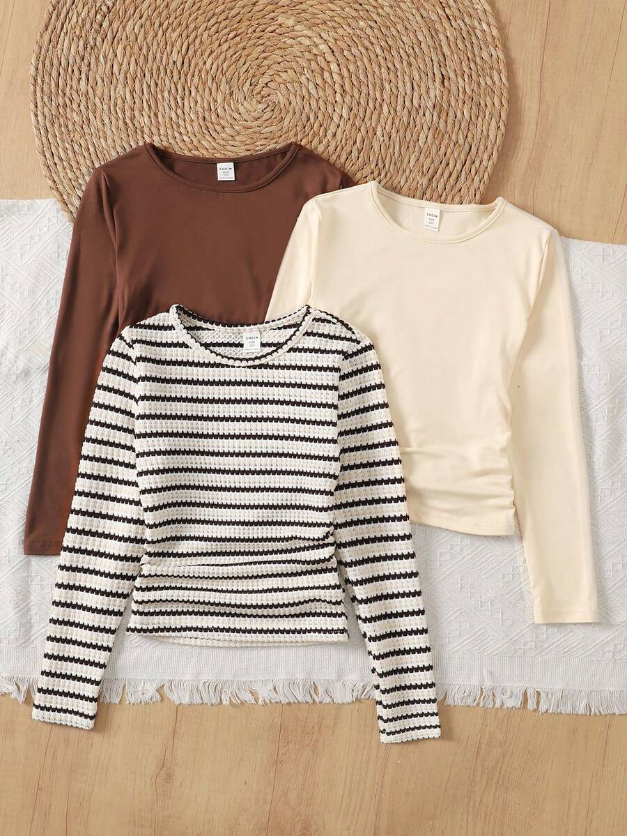 LMoss Kids 3pcs/Set Tween Girls' Solid Color Crew Neck Casual T-Shirts - Brown - View 1