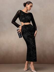 Modelyn Fashionable Sexy Solid Color Crop Top Long Sleeve Bodycon Dress - Black - View 3