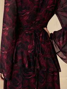 Graceveil 优雅印花雪纺连衣裙，圆领系腰设计，女士款 - 紅色 - 查看 3