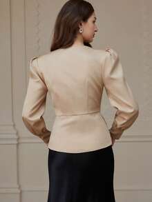 EMERY ROSE Blazer decorativo floral 3D feito à mão, de cor sólida, versátil e com estilo europeu e americano, adequado para uso diário, outono/inverno - Caqui - Visão 6