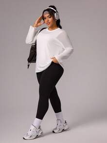 Rhythm Era Camiseta casual de fitness de manga larga y cuello redondo de unicolor para mujer de talla grande - Blanco - Ver 6