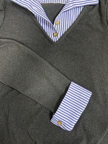 EMERY ROSE Women's Striped Patchwork Shirt Collar Long Sleeve Casual Blouse - Grey - View 3