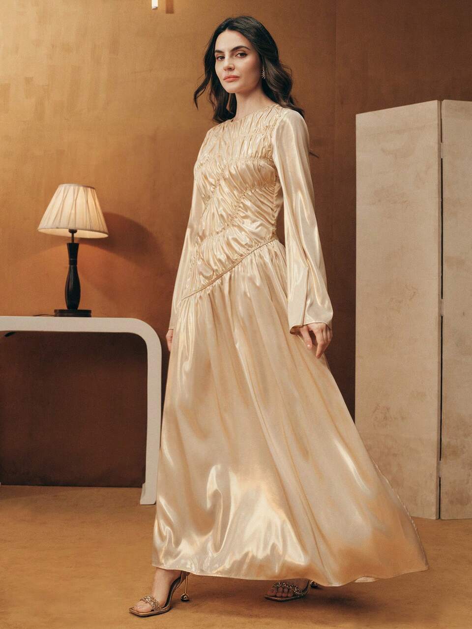 Anewsta Elegant Asymmetrical Pleated Drawstring Flare Sleeve Metallic Fabric Long Dress, Suitable For Festivals, Celebrations, Casual Kaftan Robe Gown