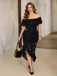 Roveilla 大码女装新款优雅浪漫连衣裙，生日礼服，派对礼服，晚礼服，裹身紧身连衣裙，冬季派对圣诞礼服，露背连衣裙，露肩连衣裙 - 黑色 - 查看 4