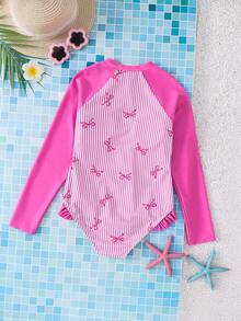 SHEIN Emery Rose Kids 少女夏季海滩度假长袖可爱蝴蝶结条纹印花连体泳衣 - 白色 - 查看 6