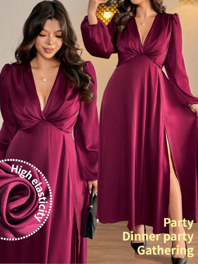 Vionelle Sukienka damska w dużym rozmiarze, nowa, z głębokim dekoltem w serek i długim rękawem, z węzłem, elegancka, formalna, wieczorowa, romantyczna, z wysokim rozcięciem - Burgund - Zobacz 9