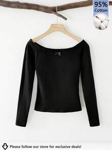 SHEIN BASICS Áo thun dài tay hở vai màu đen, 95% cotton, đơn giản, tối giản, đa năng, ôm vừa vặn, có nơ nhỏ dành cho nữ, phù hợp cho mùa thu/đông, cổ điển, thanh lịch, gợi cảm, dễ thương, thời trang đường phố, cổ điển, trở lại trường học - màu đen - Xem 6