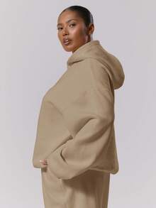 MUSERA Plus Size Fleece Hooded Sweatshirt , Winter, Back To School, Cute, Everyday, Casual, Coffee Club Curve Spring - Khaki - View 3