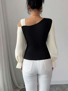 Elenzga 优雅斜肩蝴蝶结装饰修身灯笼袖上衣，适合约会、购物、日常穿着、音乐节等场合，春秋季款 - 黑色 - 查看 2