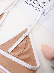 SHEIN 2 件套撞色拼布字母印花休闲内衣套装 - 摩卡棕 - 查看 4