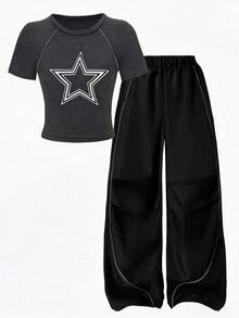 Sparklyn 两件套休闲T恤裤套装，适合青少年女孩，胸前白色星星印花，白色装饰抽绳，适合散步、购物、上学等场合，可搭配外套或背心。 - 深灰色 - 查看 4