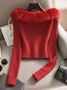 SHEIN Franclia Women's Minimalist Fashion Fur Collar Patchwork Raglan Sleeve Solid Color Knit Pullover Sweater, Autumn/Winter - Red - View 2