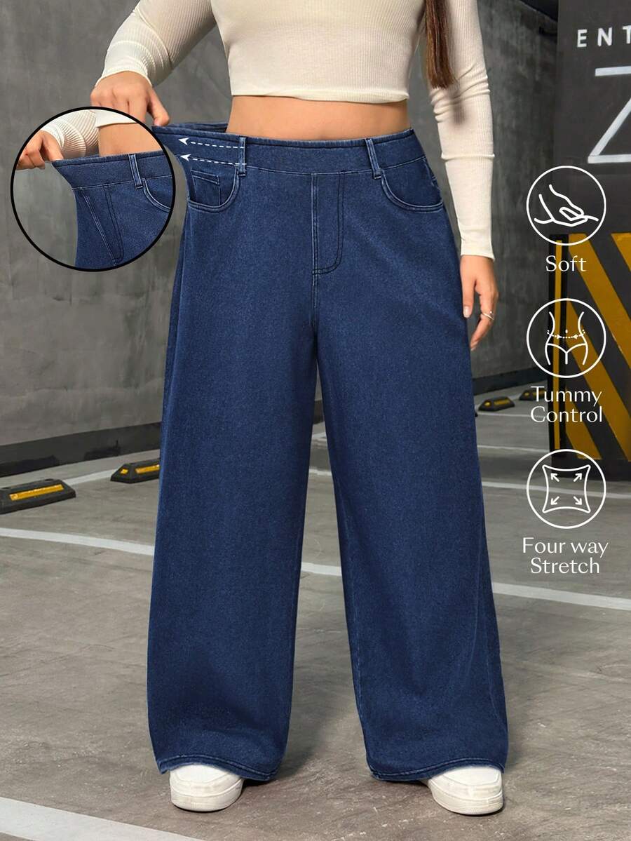 Flexra Plus Size Women Elastic Casual Straight Leg Jeans - Dark Wash - View 1