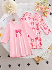 Baby Girls Pajamas-2 Piece Pajama Bow Print Nightgowns Set Round Neck Long Sleeve Soft Lightweight Sleep Dress Two Pack Pink Bow Pattern All Season Bedtime Nap Play Holiday Gift 2026 Must Have