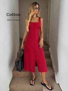 Easowa Square Neck Ruched Bust Cup High Slit Back Tie Cinched Waist A-Line Midi Dress, Sourced Cotton Fabric, Casual Vacation Elegant For Women,Summer Dresses For Women - Red - View 7