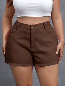 Flexra Plus Size Casual Solid Color Frayed Hem Denim Shorts - Brown - View 1